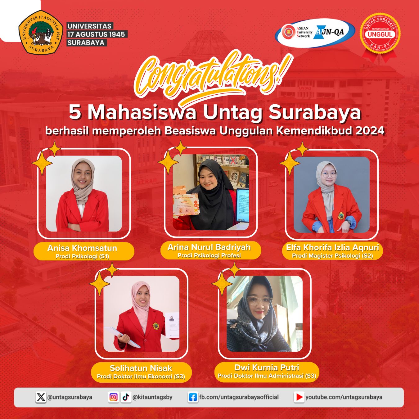 Lima Mahasiswa Untag berhasil memperoleh beasiswa unggulan 